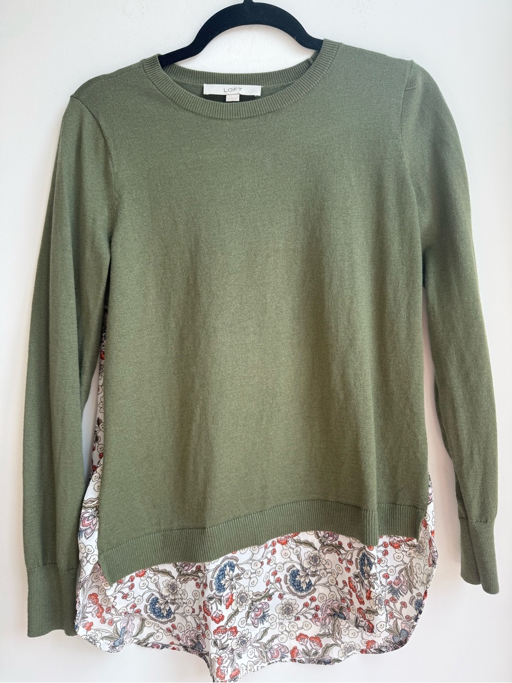 LOFT Olive Green Crewneck Sweater with Floral Layered Hem